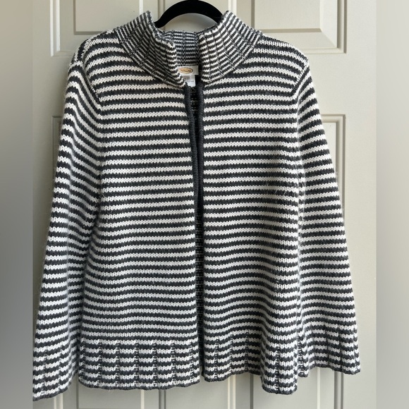 Talbots Jackets & Blazers - Talbots L Gray/Ivory Stripe Wool Alpaca Blend Clasp Front 3/4 Sleeve Cardigan